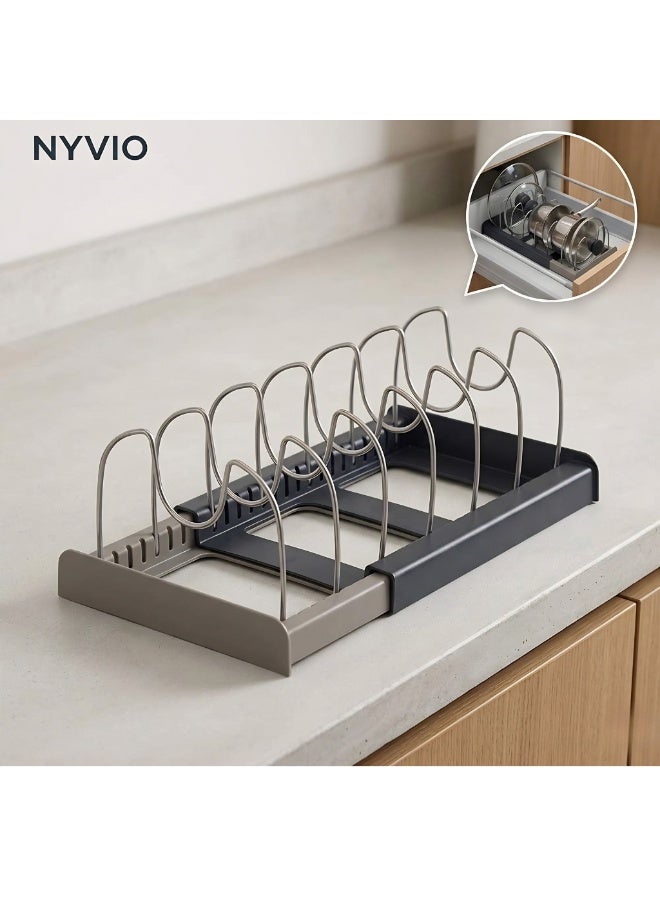 NYVIO Pan Pot Lid Rack Organizer 7 Tier Adjustable Kitchen Storage Holder Expandable Up to 22 Inch for Cabinet Countertop Cupboard Hanging Steel Rack - Image 1