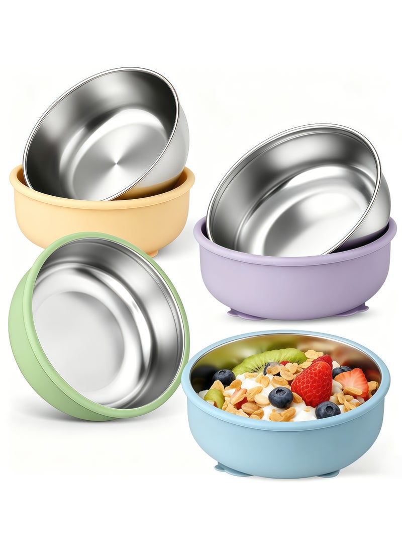 Stainless Steel Baby Bowls with Suction, 4 Pack Removable Colorful Silicone Sleeve Toddlers Kids Bowl, Non-Toxic Snack Container for Baby Food Feeding, Non-Slip & Unbreakable, Dishwasher Safe - Image 1