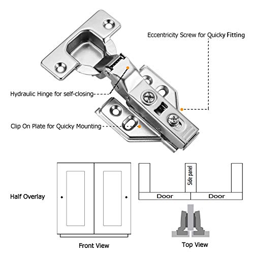 Luokim 4 Pack 2 Pairs Frameless Kitchen Cabinet Hinges Soft Close Half Overlay European 35mm Cup Cabinet Door Hinge Heavy Duty 105 Degree Opening Concealed Cabinet Hinge - Image 5