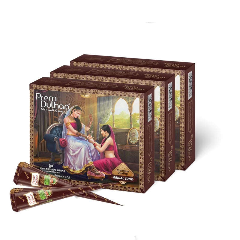 Prem Dulhan Bridal Cone For Wedding Hand Designing  Without Chemical  Long Lasting  For Men Women of 12 pcs of 35g  Natural Mehandi cone  1260g Pack of 3 - Image 1