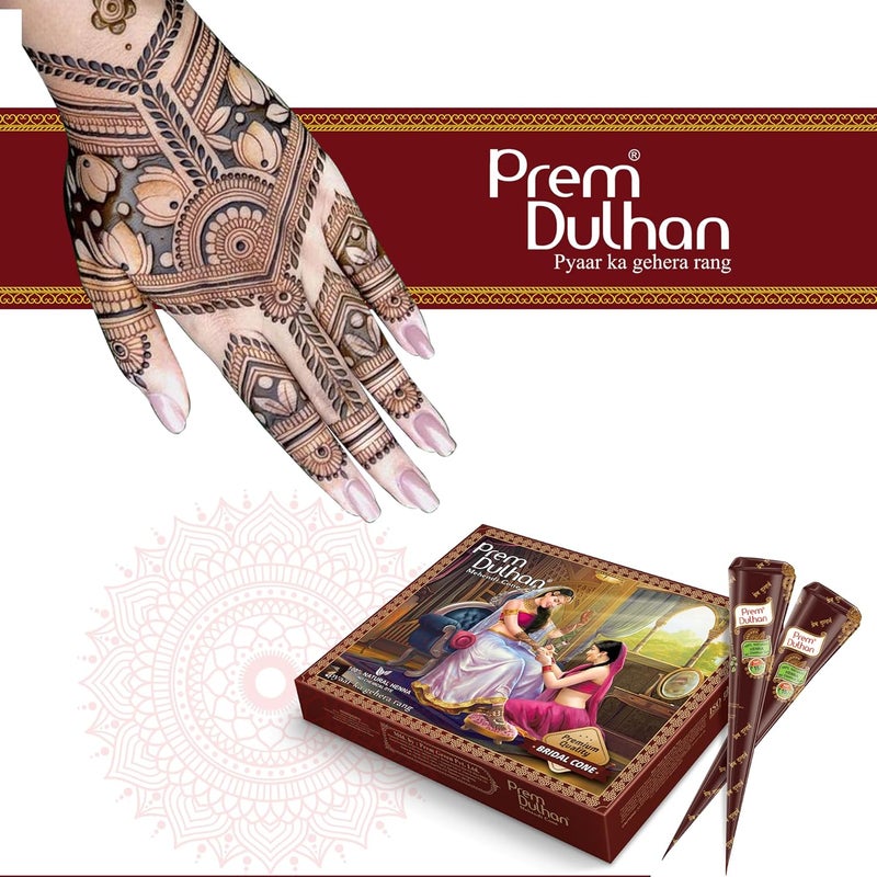 Prem Dulhan Bridal Cone For Wedding Hand Designing  Without Chemical  Long Lasting  For Men Women of 12 pcs of 35g  Natural Mehandi cone  1260g Pack of 3 - Image 2