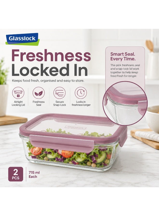 Glasslock 2 Piece Rectangular Glass Food Storage Container Set 715ml Each Airtight BPA Free Locking Lid Microwave Freezer Dishwasher Safe Meal Prep Lunch Box - Image 3