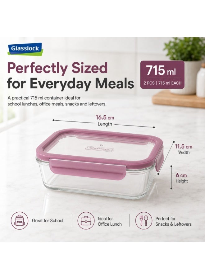 Glasslock 2 Piece Rectangular Glass Food Storage Container Set 715ml Each Airtight BPA Free Locking Lid Microwave Freezer Dishwasher Safe Meal Prep Lunch Box - Image 5