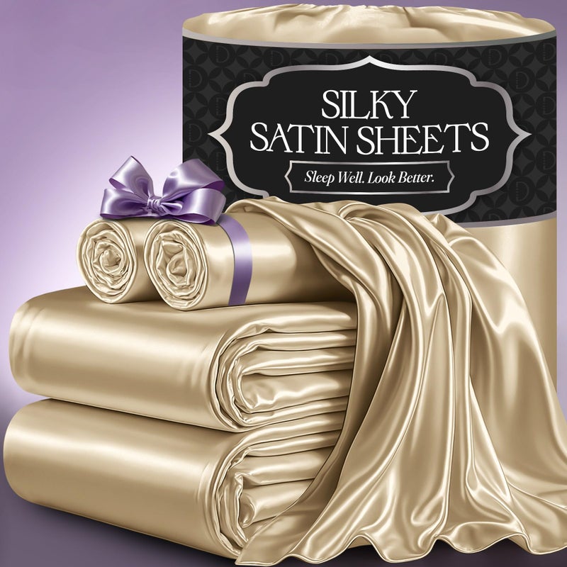 DECOLURE Satin Bed Sheets 4 Piece Luxury Silky King Size Bedding Set Softer Than Silk WrinkleFree with 15 Deep Pocket Fitted Sheet Perfect for Hair Skin Gifts for Women Ivory