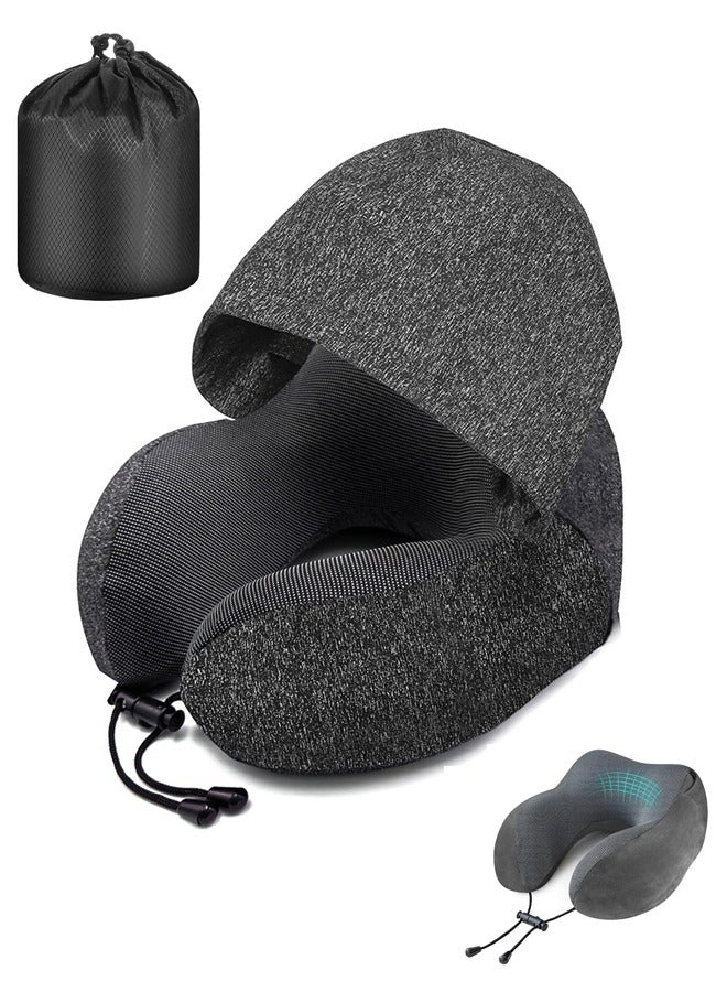 Travel Pillow, Neck Pillow for Travel with Hood for Airplane, Nap U-Shaped Pillow, Memory Foam Neck Pillow Adult Head & Neck Support, for Long Flights Plane, Office, Cars Sleeping & Rest (Dark Grey) - Image 1