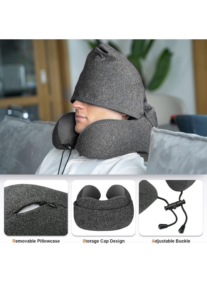 Travel Pillow, Neck Pillow for Travel with Hood for Airplane, Nap U-Shaped Pillow, Memory Foam Neck Pillow Adult Head & Neck Support, for Long Flights Plane, Office, Cars Sleeping & Rest (Dark Grey) - Image 5
