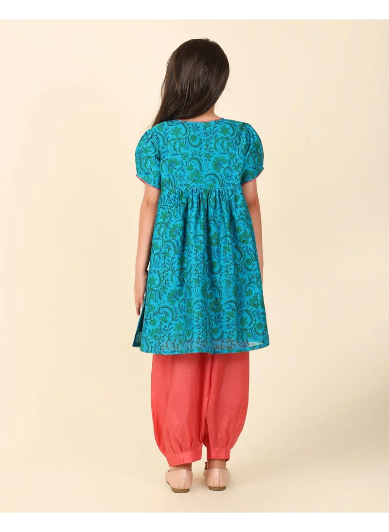 Fabindia Teal Cotton Silk Hand Block Printed 3Pc Salwar Set