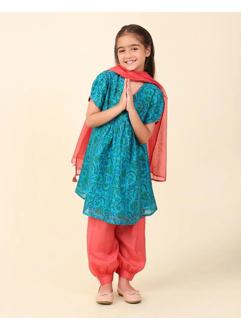 Fabindia Teal Cotton Silk Hand Block Printed 3Pc Salwar Set