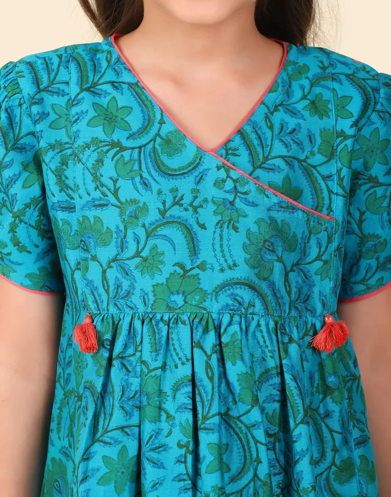 Fabindia Teal Cotton Silk Hand Block Printed 3Pc Salwar Set
