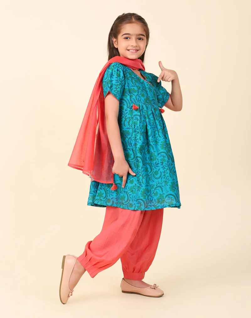 Fabindia Teal Cotton Silk Hand Block Printed 3Pc Salwar Set