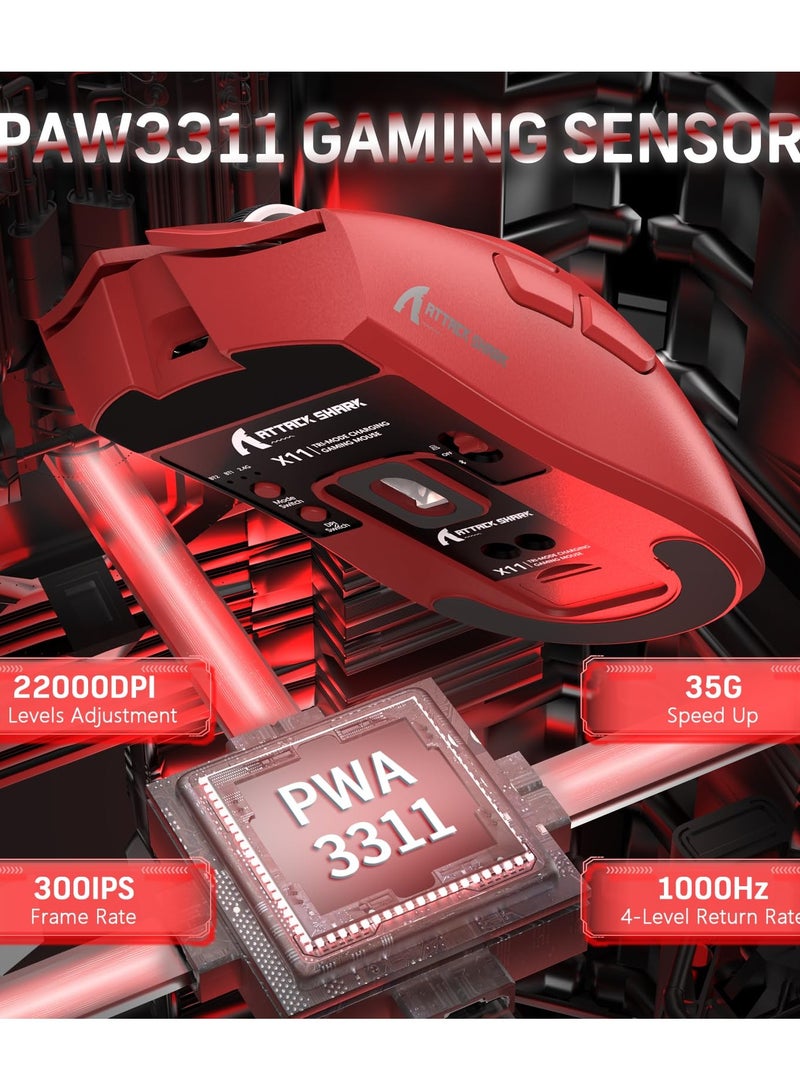 هجوم القرش ماوس ألعاب لاسلكي خفيف الوزن X11 مع قاعدة شحن RGB، وضع ثلاثي - 2.4 جيجاهرتز/USB-C سلكي/بلوتوث، 22 ألف نقطة في البوصة، مستشعر بصري PAW3311، مفتاح HUYU، 5 أزرار قابلة للبرمجة لأجهزة الكمبيوتر الشخصية/ماك (أحمر) - Image 4