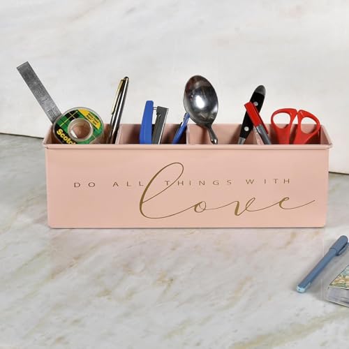 Elan All In One Multifunctional Office Supplies Metal Desk Organizer- Powder Pink (Love, Stationery) - Image 1