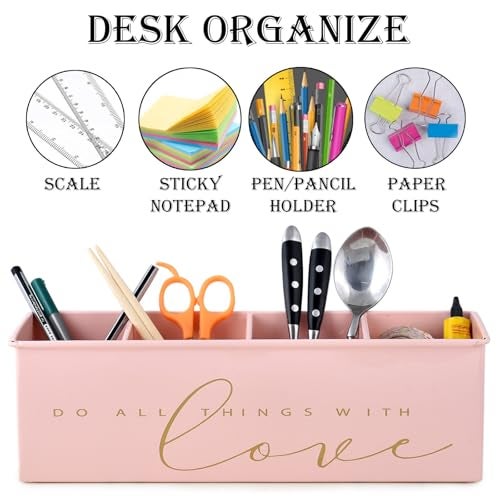 Elan All In One Multifunctional Office Supplies Metal Desk Organizer- Powder Pink (Love, Stationery) - Image 3