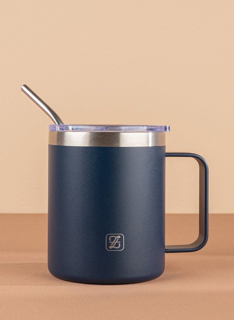 ZYMTA 350ML Insulated Stainless Steel Tumbler with Lid, Straw & Handle | Double-Walled Travel Mug for Hot & Cold Drinks - Navy Blue  - Image 2