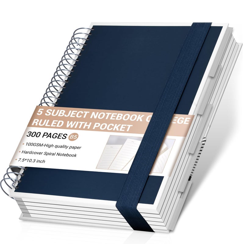 Yoment 5 Subject Notebook College Ruled with 5 Removable Tabs Dividers & Pockets, 8 X 10 Large 300 Pages/150 Sheets Hardcover Spiral Notebook for Work Office Home School, Blue - Image 1