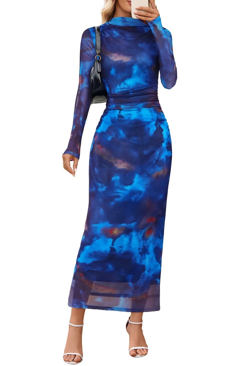 MEROKEETY Womens Long Sleeve Fall Wedding Guest Dress 2025 Bodycon Floral Mesh Ruched Cocktail Maxi Dresses Blue L