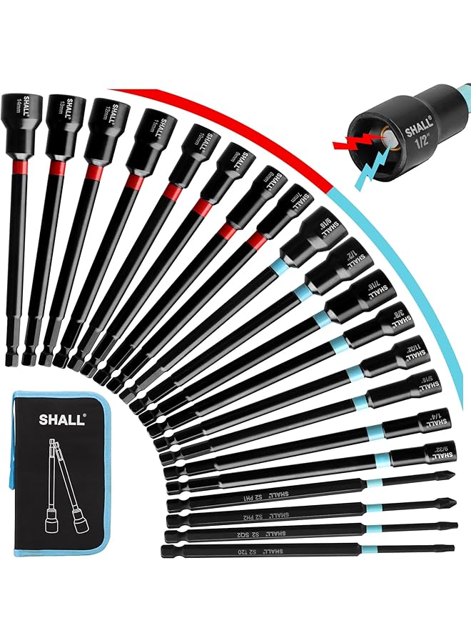 SHALL 20PCS Magnetic Nut Driver Set, 6” Long Nut Drivers for Impact Drill, SAE & Metric 1/4” Hex Shank Nut Driver Bit & Impact Drill Driver Bit w/Power Screwdriver Bits PH1/PH2/SQ2/T20, Storage Bag - Image 1