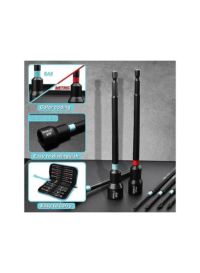 SHALL 20PCS Magnetic Nut Driver Set, 6” Long Nut Drivers for Impact Drill, SAE & Metric 1/4” Hex Shank Nut Driver Bit & Impact Drill Driver Bit w/Power Screwdriver Bits PH1/PH2/SQ2/T20, Storage Bag - Image 5