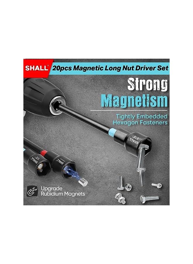 SHALL 20PCS Magnetic Nut Driver Set, 6” Long Nut Drivers for Impact Drill, SAE & Metric 1/4” Hex Shank Nut Driver Bit & Impact Drill Driver Bit w/Power Screwdriver Bits PH1/PH2/SQ2/T20, Storage Bag - Image 3