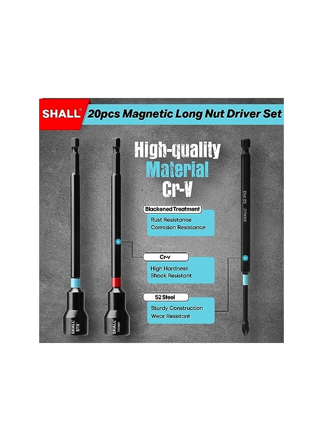 SHALL 20PCS Magnetic Nut Driver Set, 6” Long Nut Drivers for Impact Drill, SAE & Metric 1/4” Hex Shank Nut Driver Bit & Impact Drill Driver Bit w/Power Screwdriver Bits PH1/PH2/SQ2/T20, Storage Bag - Image 4