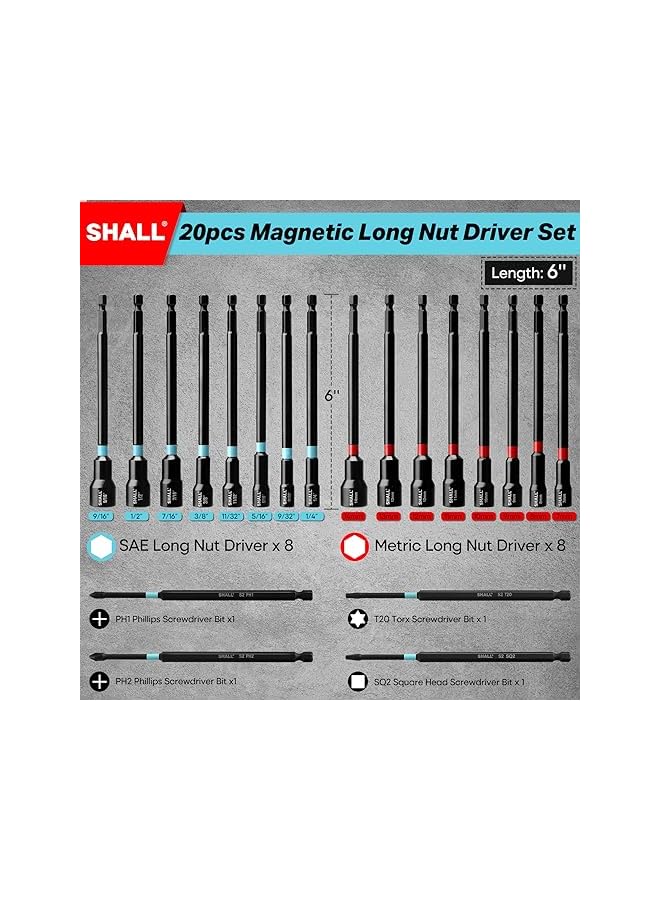 SHALL 20PCS Magnetic Nut Driver Set, 6” Long Nut Drivers for Impact Drill, SAE & Metric 1/4” Hex Shank Nut Driver Bit & Impact Drill Driver Bit w/Power Screwdriver Bits PH1/PH2/SQ2/T20, Storage Bag - Image 2