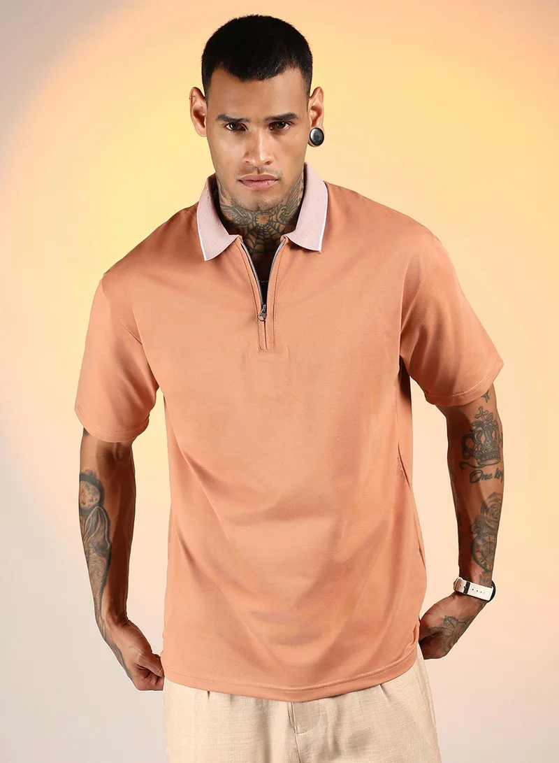 Men's Cantalope Orange Solid Oversized Polo T-Shirt