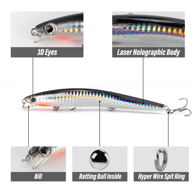 Dr.Fish Saltwater Fishing Lures 5 Inches Surf Fishing Striper Lures Saltwater Minnow Mustad Hooks Jerkbait Popper Plugs Inshore Offshore Ocean Fishing Mackerel Bluefish Barracuda Lures - Image 3