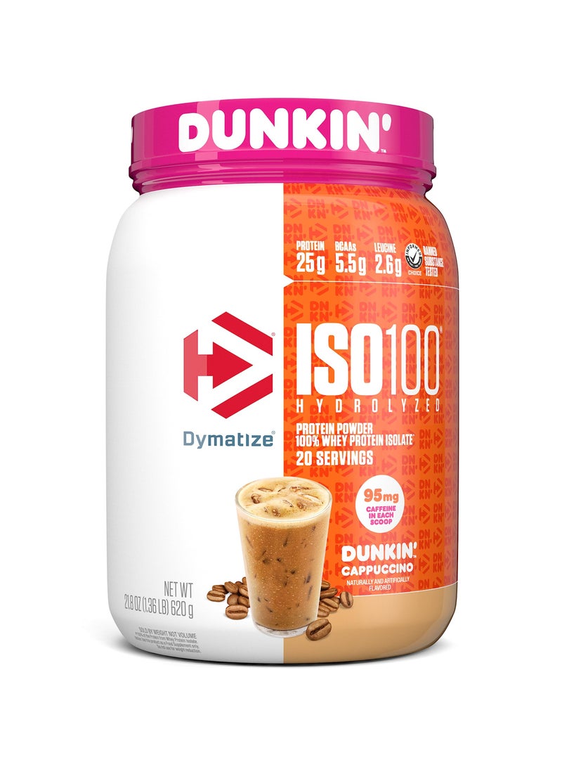 Dymatize Iso100 Whey Protein Isolate 20 Servings Dunkin Cappuccino 21.8 OZ - Image 1