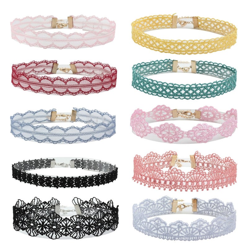 MILAKOO Lace Choker Set for Women 10Pcs Assorted Colorful Boho Necklace Tattoo Flower Ribbon Chokers