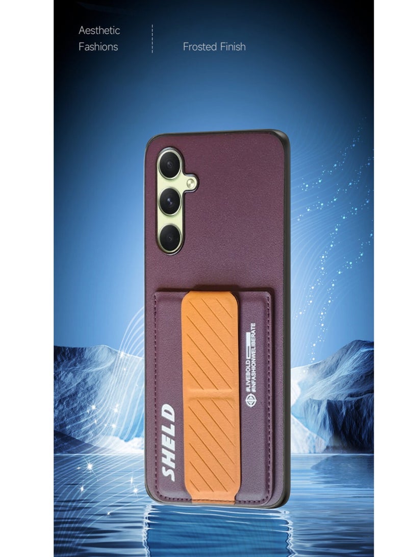 Techie Aesthetic Fashion Frosted Finished PU Leather Card Holder with Magnetic Secure Hand Grip Kickstand Back Cover Case for Samsung Galaxy A54 5G – Maroon / Brown  - Image 2