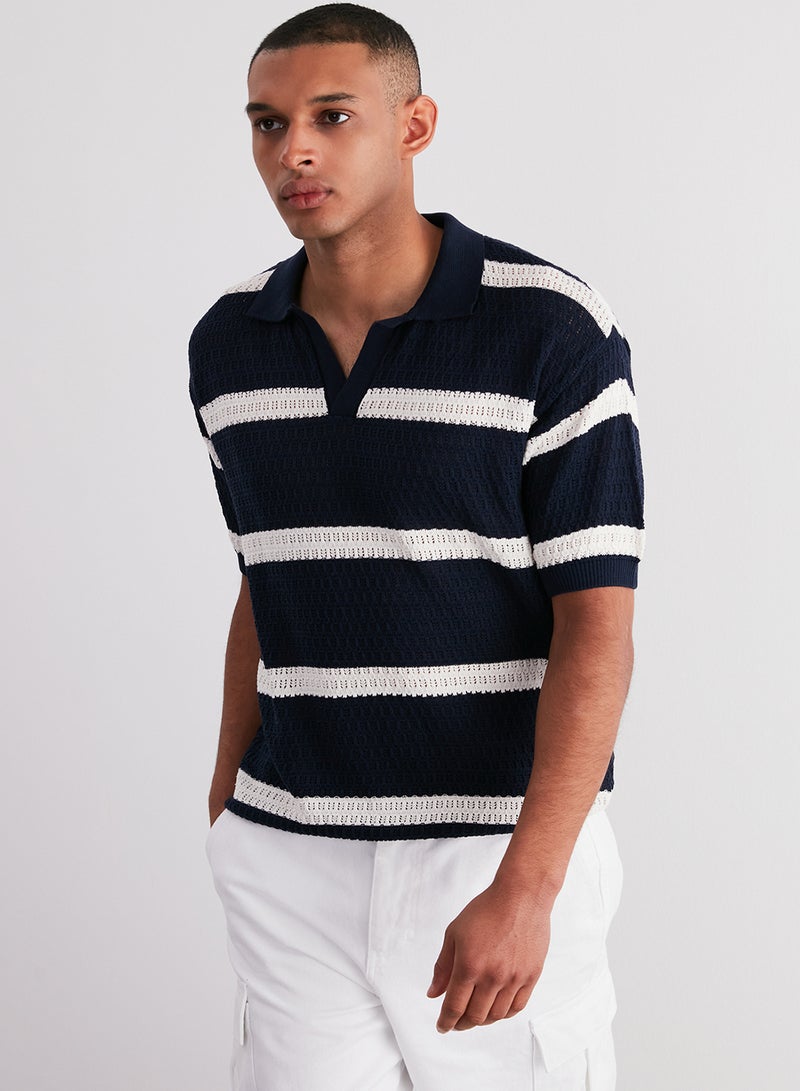 trendyol Navy Blue Regular Fit Cotton Lu Striped Kaçık Pat Knitwear Polo Neck T-Shirttmnss24Po00004 - Image 3