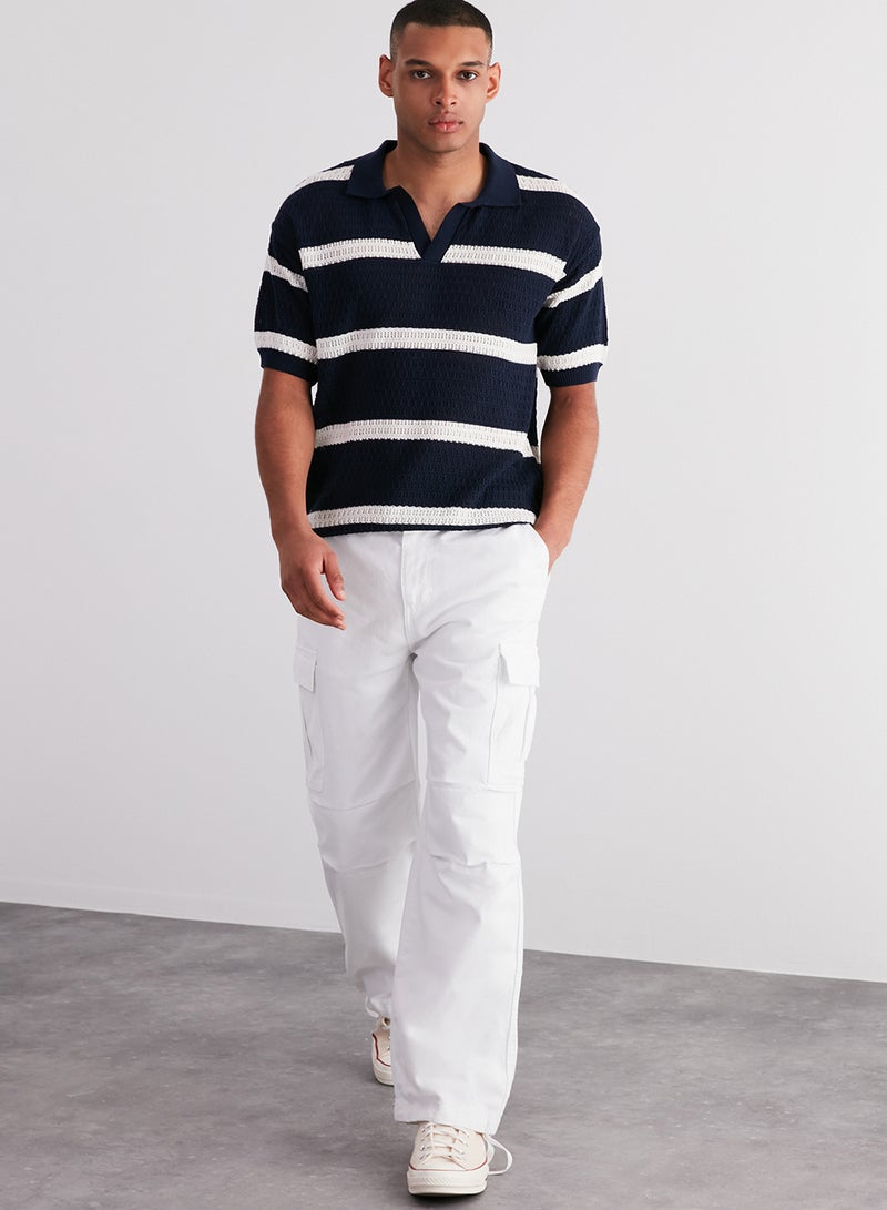 trendyol Navy Blue Regular Fit Cotton Lu Striped Kaçık Pat Knitwear Polo Neck T-Shirttmnss24Po00004 - Image 2
