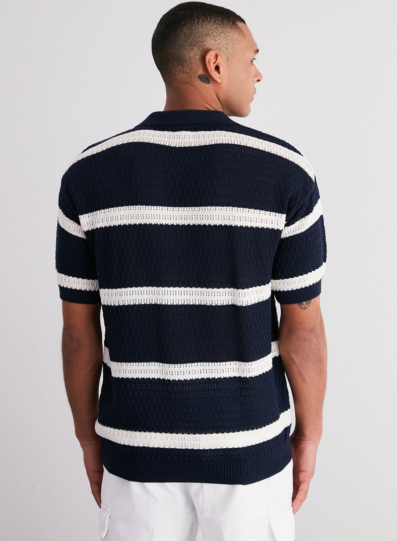 trendyol Navy Blue Regular Fit Cotton Lu Striped Kaçık Pat Knitwear Polo Neck T-Shirttmnss24Po00004 - Image 5