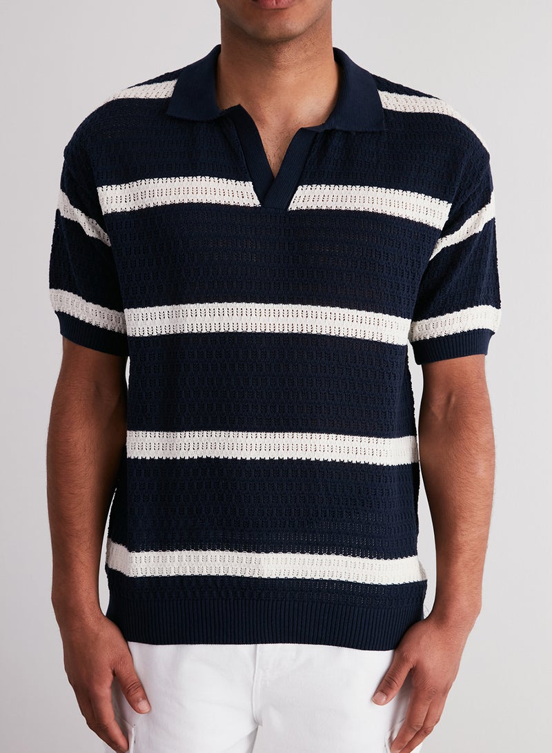 trendyol Navy Blue Regular Fit Cotton Lu Striped Kaçık Pat Knitwear Polo Neck T-Shirttmnss24Po00004 - Image 4