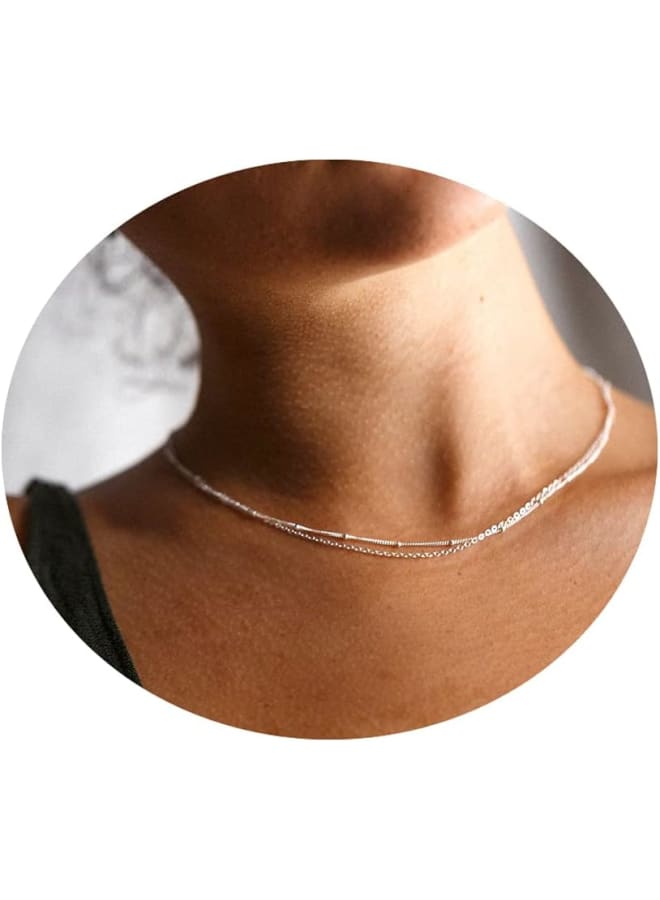 CHESKY Silver Layered Choker Necklaces for Women, Dainty Silver Plated Satellite Beaded Chain Necklace Tiny Thin Layering Beads Chokers Simple Trendy Minimalist Jewelry - Image 1