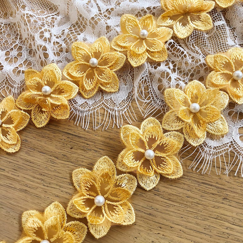 Yellow Flower Lace Trim RibbonVintage Pearl Edging Trimmings Fabric Embroidered Applique for Sewing Costumes Gowns Home Decor135 2yards