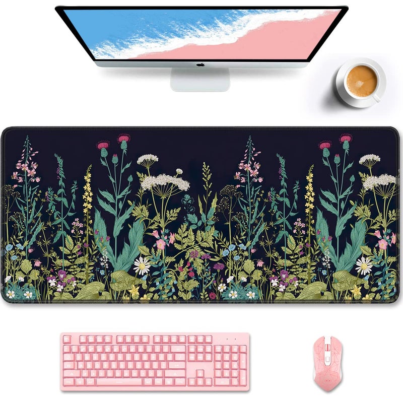 Auhoahsil Desk Pad, XXL Large Mouse Pad, Extended Gaming Mousepad, Cute Desk Mat for Women, Big Office Accessories Mouse Pad for Computer Keyboard and Laptop, 35.6" x 15.7", Black Wildflower Night - Image 1