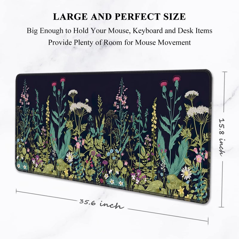 Auhoahsil Desk Pad, XXL Large Mouse Pad, Extended Gaming Mousepad, Cute Desk Mat for Women, Big Office Accessories Mouse Pad for Computer Keyboard and Laptop, 35.6" x 15.7", Black Wildflower Night - Image 2