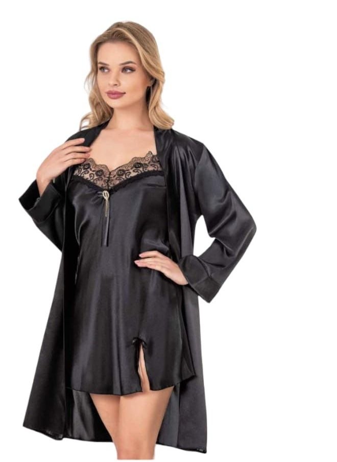 ماركة غير محددة - قميص نوم مع روب ساتان تركي - Image 1