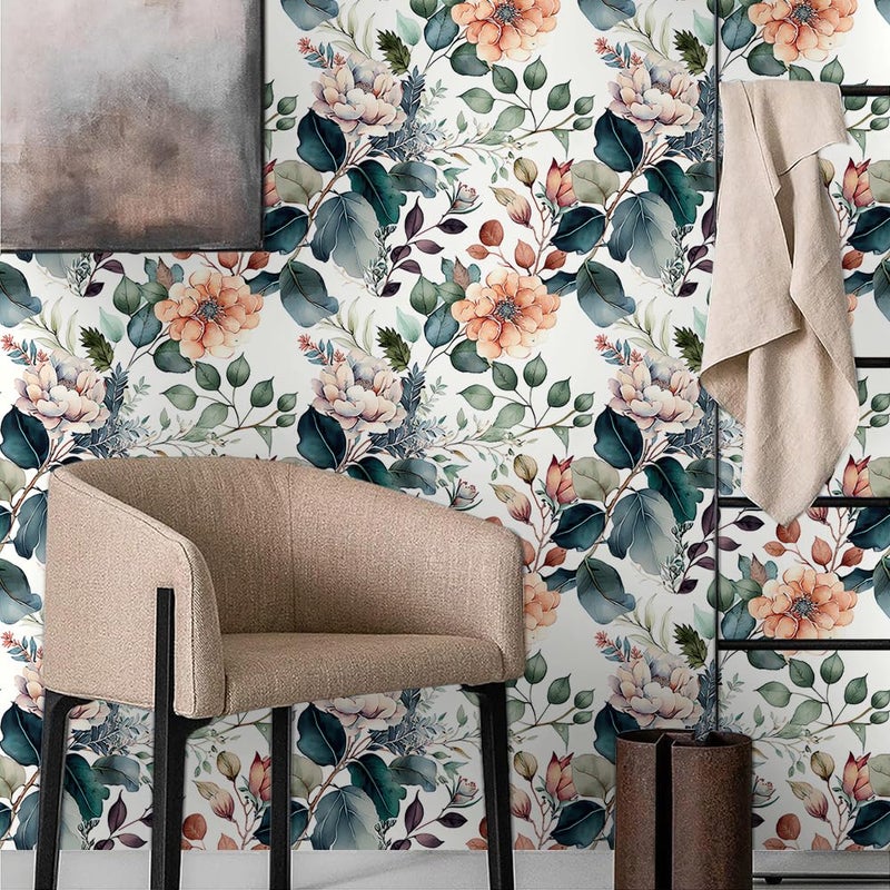 MuralPeel Boho Brown/Green/Orange Peony Floral Peel and Stick Wallpaper Easy Peel Off Vintage Self Adhesive Removable Stick on Wall Paper for Kitchen Cabinet Renter Friendly - Image 2
