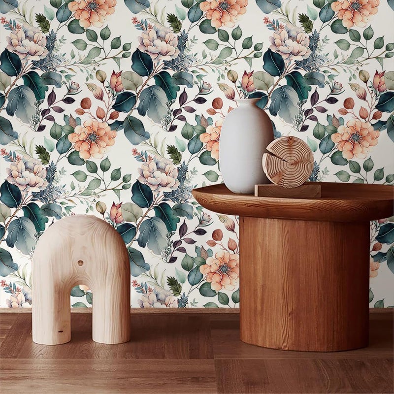 MuralPeel Boho Brown/Green/Orange Peony Floral Peel and Stick Wallpaper Easy Peel Off Vintage Self Adhesive Removable Stick on Wall Paper for Kitchen Cabinet Renter Friendly - Image 3