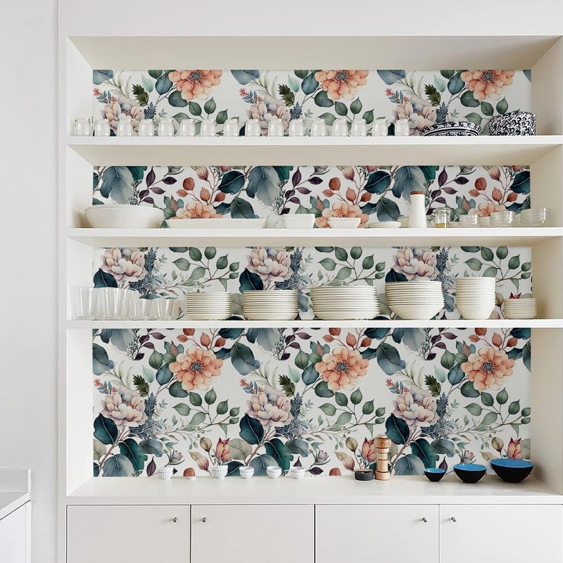 MuralPeel Boho Brown/Green/Orange Peony Floral Peel and Stick Wallpaper Easy Peel Off Vintage Self Adhesive Removable Stick on Wall Paper for Kitchen Cabinet Renter Friendly - Image 5