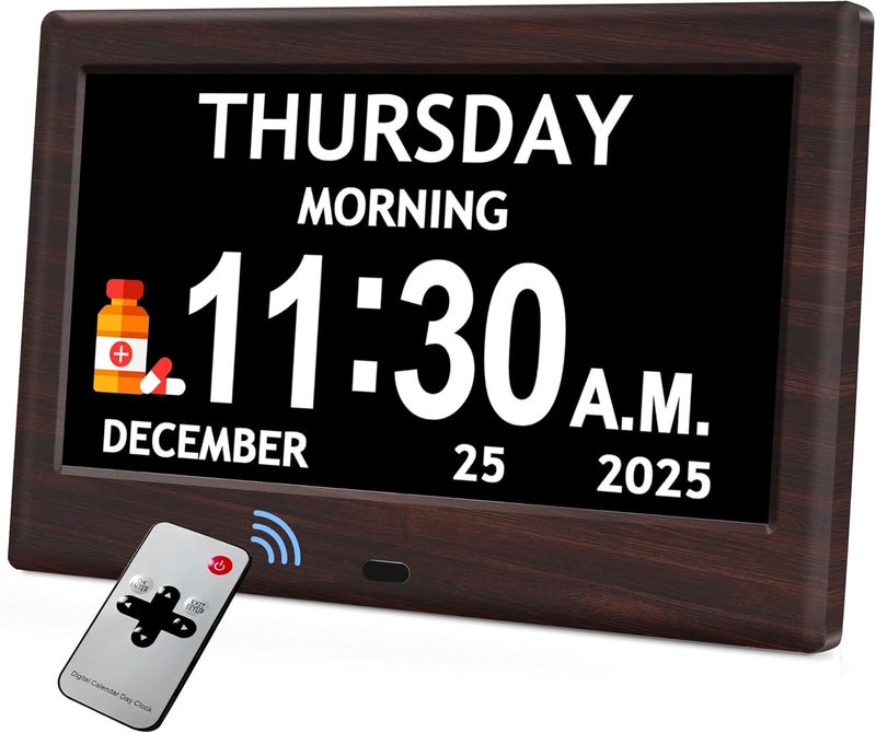 FLYRUIT 7'' Dementia Clock For Seniors, Large Display Digital Clock With Date, Time, Day Of Week for Elderly, Alzheimer, 1024*600P HD, 10 Reminders & 6 Alarms, Auto Dimming & DST, Remote Control, Brown - Image 1