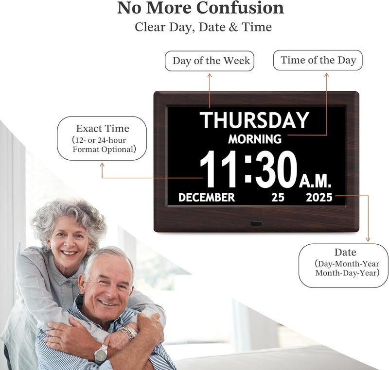 FLYRUIT 7'' Dementia Clock For Seniors, Large Display Digital Clock With Date, Time, Day Of Week for Elderly, Alzheimer, 1024*600P HD, 10 Reminders & 6 Alarms, Auto Dimming & DST, Remote Control, Brown - Image 5
