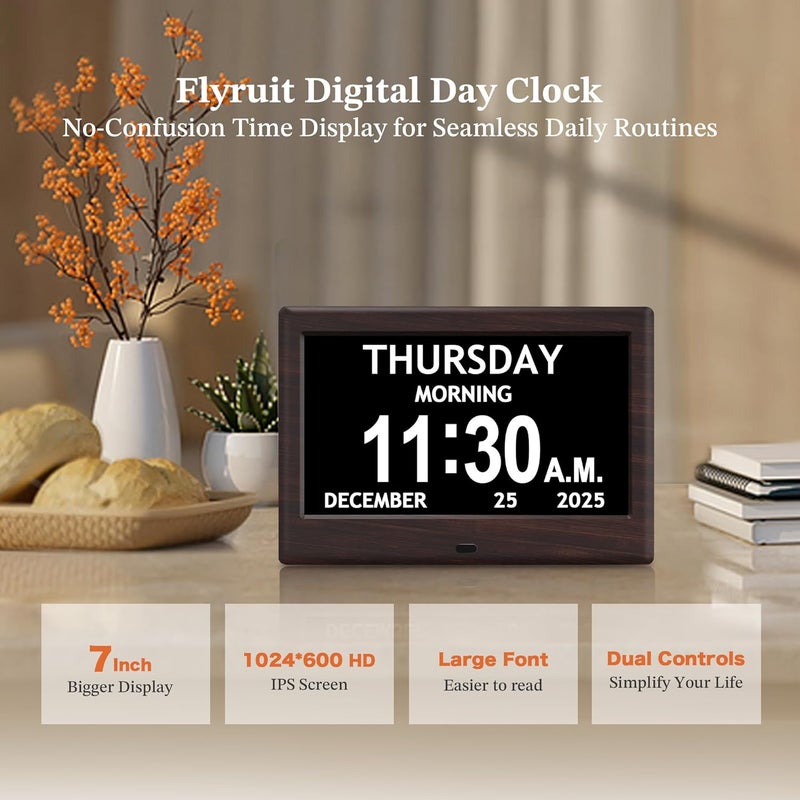 FLYRUIT 7'' Dementia Clock For Seniors, Large Display Digital Clock With Date, Time, Day Of Week for Elderly, Alzheimer, 1024*600P HD, 10 Reminders & 6 Alarms, Auto Dimming & DST, Remote Control, Brown - Image 2