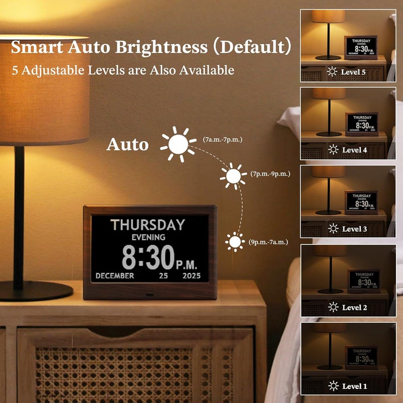 FLYRUIT 7'' Dementia Clock For Seniors, Large Display Digital Clock With Date, Time, Day Of Week for Elderly, Alzheimer, 1024*600P HD, 10 Reminders & 6 Alarms, Auto Dimming & DST, Remote Control, Brown - Image 4