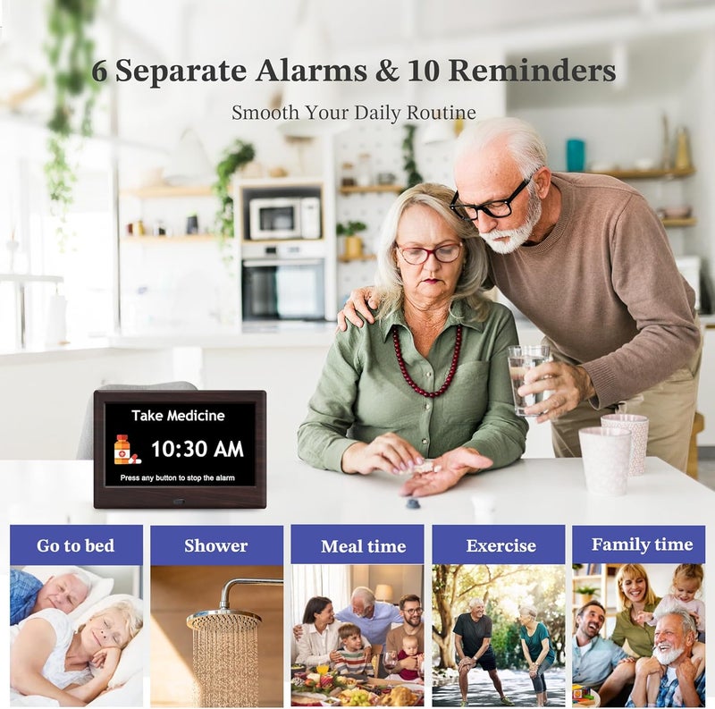 FLYRUIT 7'' Dementia Clock For Seniors, Large Display Digital Clock With Date, Time, Day Of Week for Elderly, Alzheimer, 1024*600P HD, 10 Reminders & 6 Alarms, Auto Dimming & DST, Remote Control, Brown - Image 3
