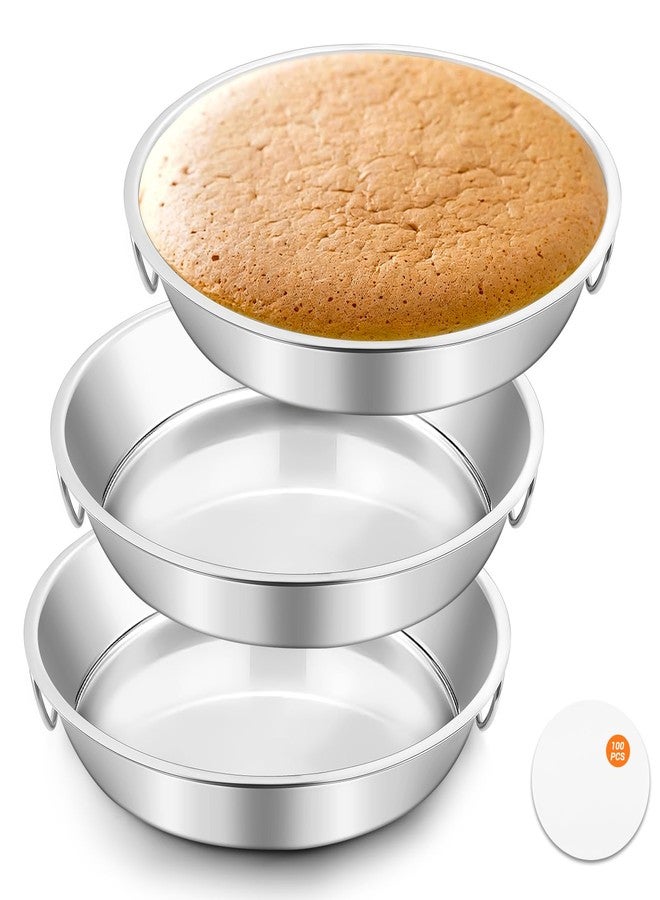 BEWOS 103 Pcs 7.4" Round Cake Pans - Nonstick Stainless Steel Cake Pans with 100 Pcs Parchment Paper, Non-Toxic Cake Baking Pans with Handles, Mirror Finish & Dishwasher Safe - Image 1