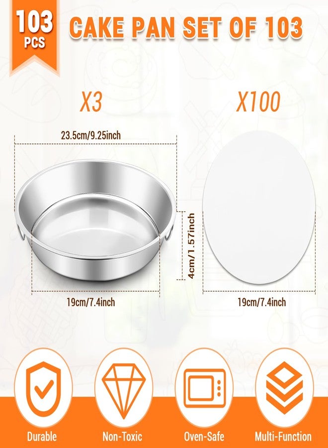BEWOS 103 Pcs 7.4" Round Cake Pans - Nonstick Stainless Steel Cake Pans with 100 Pcs Parchment Paper, Non-Toxic Cake Baking Pans with Handles, Mirror Finish & Dishwasher Safe - Image 2