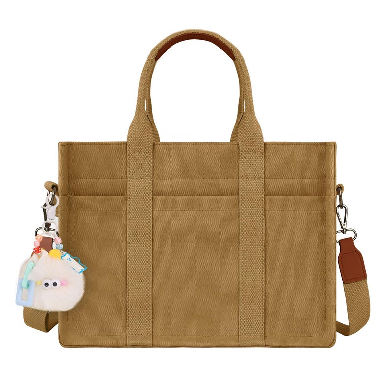 BECOJADDE Structured Canvas Tote Bag for Women, Multi-Compartment Zippered Purse for Work, Bible, Travel, Fits 14/15.6'' Laptop Brown M - Image 3